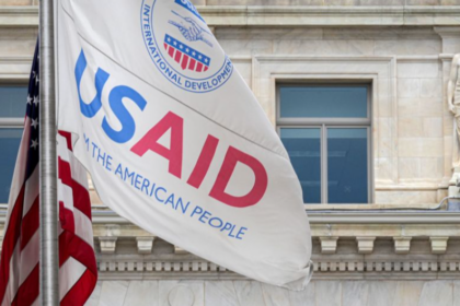 The USAID flag flies outside the agency's headquarters building in Washington, DC, on January 30, 2024