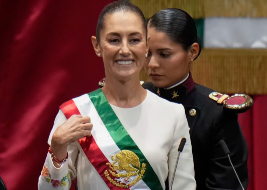 President Claudia Sheinbaum wears the presidential sash during her swearing-in ceremony as Mexico's new president in Mexico City, October 1 2024 Eduardo Verdugo/AP