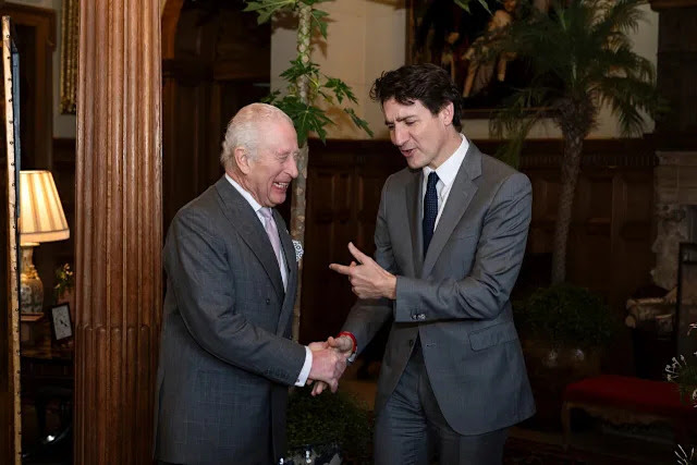 King Charles, left, meets with Prime Minister Justin Trudeau on Monday at the Sandringham Estate in Norfolk, England. (Aaron Chown/The Associated Press - image credit
