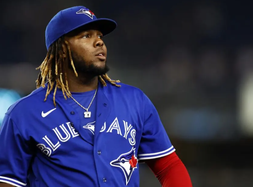 NEW YORK, NY - MAY 25: Vladimir Guerrero Jr. #27 of the Toronto Blue Jays looks on against the New York Yankees during the sixth inning at Yankee Stadium on May 25, 2021 in the Bronx borough of New York City. (Photo by Adam Hunger/Getty Images)Less Getty Images