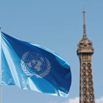 The flag of UNESCO flies at the UNESCO headquarters, with the Eiffel Tower in the background, in Paris, France, April 17, 2025. File photo by Abdul Saboor/Reuters