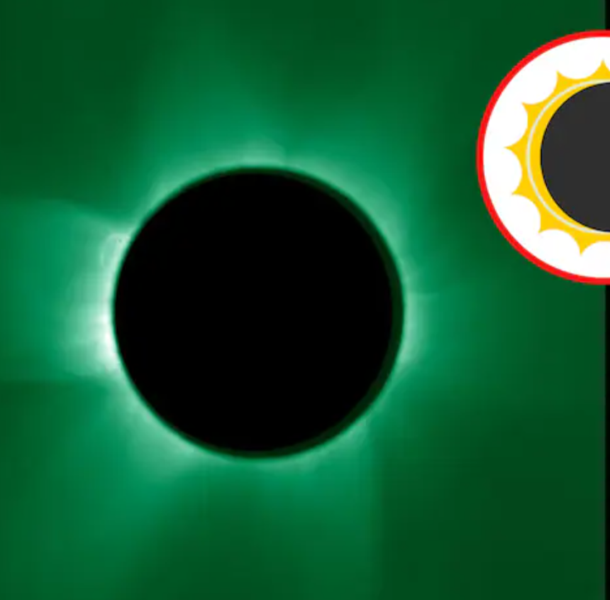 Observaciones en la línea verde coronal, una línea espectral emitida por átomos de hierro que han perdido la mitad de sus electrones debido a temperaturas extremadamente altas. Esto nos permite ver los contenidos más calientes de la corona, que alcanzan hasta 2 millones de grados. En la parte superior izquierda se puede ver un bucle caliente que se extiende desde la superficie del Sol hasta la corona, una estructura que suele aparecer tras una erupción solar. Foto: ESA/Proba-3/ASPIICS Licencia: CC BY-SA 3.0 IGO/Canva