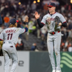 Jun 18, 2025; San Francisco, California, USA; Cleveland Guardians outfielder Nolan Jones (22) and Cleveland Guardians third base JosŽ Ram’rez (11) celebrate after their victory against the San Francisco Giants at Oracle Park. Mandatory Credit: Bob Kupbens-Imagn Images Bob Kupbens