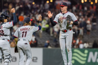 Jun 18, 2025; San Francisco, California, USA; Cleveland Guardians outfielder Nolan Jones (22) and Cleveland Guardians third base JosŽ Ram’rez (11) celebrate after their victory against the San Francisco Giants at Oracle Park. Mandatory Credit: Bob Kupbens-Imagn Images Bob Kupbens