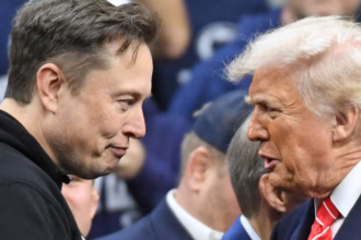 Elon Musk and U.S. President Donald Trump during the Division I Men's Wrestling Championship held at Wells Fargo Center on March 22, Philadelphia. (Photo by Eric Hartline-Imagn Images/File Photo)